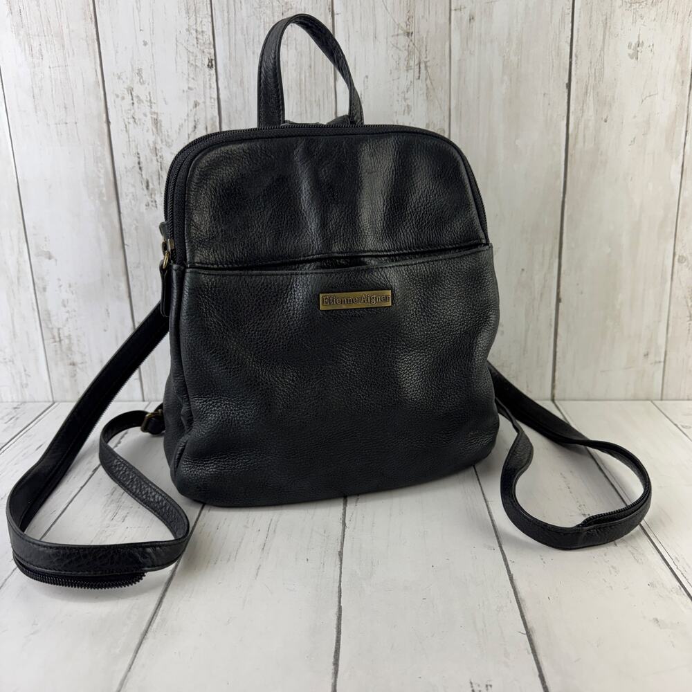 VTG Etienne Aigner Black Pebbled Leather Backpack Shoulder Bag Sling Convertible